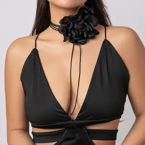 Halloween Jewelry Black Fabric Flower Retro Necklaces Simple Silk Tassel Lace Up Rose Flower Choker Adjustable Wax Rope Necklace