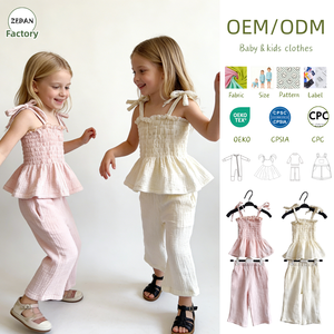 Conjunto de Verano para Niña, Orgánico, de <span class=keywords><strong>Gasa</strong></span> Arrugada, con Top Peplum con Tirantes y Pantalones Anchos, Tallas 0-8 Años - Product Image 1