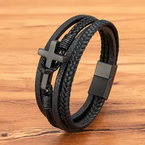 Best Selling Three-Layers Genuine Leather Braided Bracelet Bangle with Stainless Steel Magnetic Clasp Cross Wholesale Customize