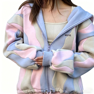 Sudadera con capucha de forro polar grueso para mujer, con logo personalizado, bloques de color, estilo oversize, con cremallera y diseño patchwork, de fabricante de ropa. - Product Image 3