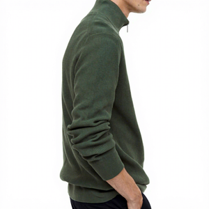 Suéter de Punto con Cierre de Cremallera de un Cuarto para Hombre, Color Verde Oliva, Corte Regular, Color Sólido, Cuello Alto Informal, 100% Algodón, Transpirable, para Otoño - Product Image 2