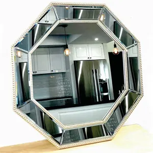 Espejo octagonal clásico Irregular para pared, lujoso espejo de cristal de madera para decoración del hogar