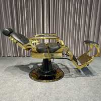 Fauteuil de Barbier Hydraulique Vintage Doré Capitonnée, Cadre en Acier Antique, Siège en Cuir, Rotation à 360 Degrés, Hauteur Réglable, Mobilier de Salon