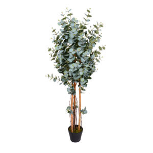 Albero artificiale in stile boho chic in vaso intrecciato per decorazioni d'interni eclettiche - Product Image 1