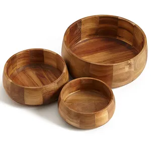 Hot Sale 3 Sizes Acacia Wood Mixing Serving Bowl for Fruits Salad Pasta Cereal Snack