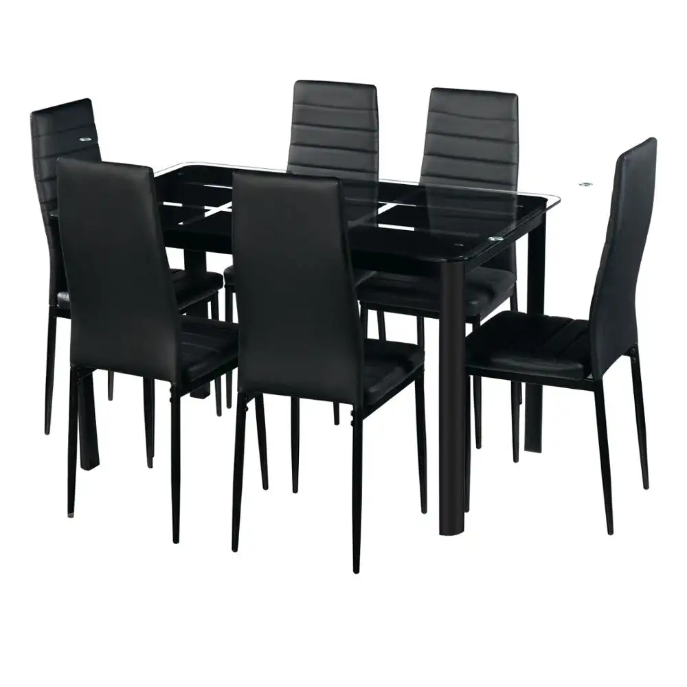 Gute Qualität Glasplatte Bankett Esstisch und Stühle Set Modern Black 6 Sitze Solider Küchentisch für Esszimmer Set