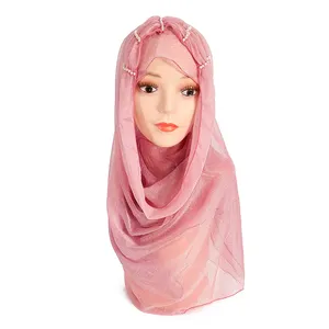 Islamic turkish ethnic hijab head covering girls polyester chiffon plain solid color light muslim hijab with pearls