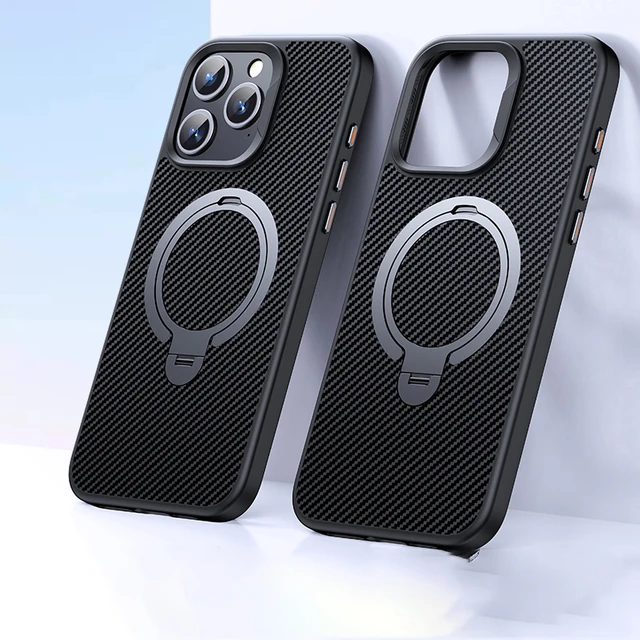 Carbon Fiber Magnetic Phone case for iPhone 16 15 14 13 12 Pro 360 Rotation Ring Kickstand Phone Cover for Samsung