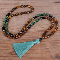 Ensemble collier et bracelet de yoga ethnique transfrontalier de style nouveau, 108 perles en pierre, œil de tigre et turquoise, avec longue pampille