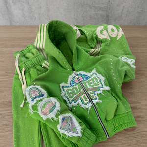 Buy Streetwear Luxury Rhinestone Embroidered Green Tracksuit Set Oversized Zip Up Hoodie Jogger Pants Men Women Sweat Suits - Product Image 3