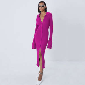 فساتين أنيقة للنساء بأكمام طويلة وياقة مطوية فساتين ذات قصة ضيقة وفتحة طويلة - Product Image 4