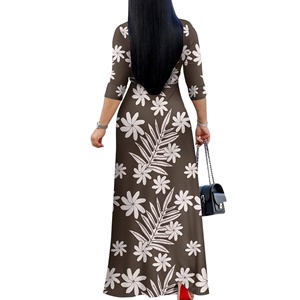 Robes maxi à imprimé floral pour femmes, motif hawaïen marron, été, avec poches, décontractées, manches <span class=keywords><strong>3</strong></span>/<span class=keywords><strong>4</strong></span>, col en V, ceinture à nouer, <span class=keywords><strong>robe</strong></span> <span class=keywords><strong>longue</strong></span> - Product Image 2