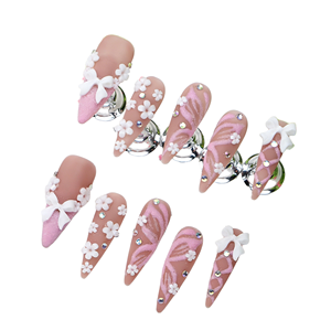 Ongles à presser personnalisés, collection Printemps 2026, <span class=keywords><strong>en</strong></span> promotion, faits main, avec dentelle <span class=keywords><strong>camélia</strong></span> et papillon rose, finition mate, couleur peau blanche, forme stiletto de 3,0 cm - Product Image 1