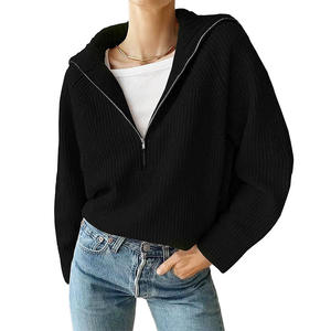 Women Casual Long Sleeve Half Zip Pullover Sweaters Solid V Neck Collar Ribbed Knitted Loose <strong>Slouchy</strong> <strong>Jumper</strong> Tops - Product Image 1