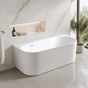 Bañera en Forma de D que Ahorra Espacio, Colocada Contra la Pared |   Bañera Acrílica Moderna Independiente de 1.7m con Diseño de Respaldo Plano para un Baño Pequeño y Eficiente - Product Image 2