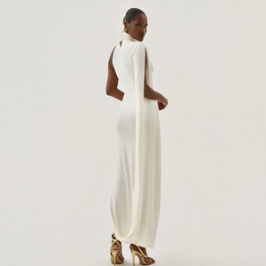 Vestido de Noche Largo Elegante para Mujer con Cuello Alto, Hombros Descubiertos, Color Sólido y Abertura, con Ajuste en la Cintura, a la Moda - Product Image 3