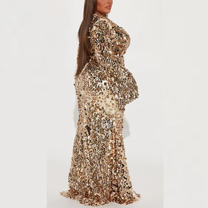 Abito da Sera su Misura con Paillettes Dorate, Scollo a V Profondo, Stile Sirena, <span class=keywords><strong>Maniche</strong></span> <span class=keywords><strong>Lunghe</strong></span>, Aderente, <span class=keywords><strong>Vestito</strong></span> Formale Luccicante per Feste - Product Image 5