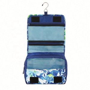 Sac de toilette de voyage pliable à grande capacité pour femmes, avec fermeture éclair, motif floral bleu, design personnalisé, avec crochet de suspension - Product Image 3