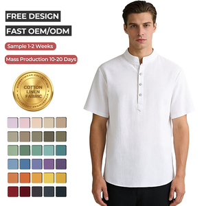 Fornitore di T-Shirt Personalizzate, <span class=keywords><strong>Camicia</strong></span> in Cotone e <span class=keywords><strong>Lino</strong></span> da Uomo, Manica <span class=keywords><strong>Corta</strong></span>, Stile Henley, T-Shirt Estiva da Spiaggia Casual Minimalista con Logo - Product Image 1