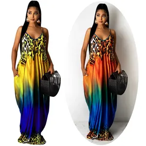 Женские повседневные Макси-платья с карманами, одежда с леопардовым принтом и окрашиванием, длинный пляжный сарафан градиентного цвета, летняя одежда, платье бохо