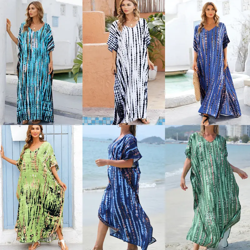 Losse Pasvorm Tie-Dye Print Kaftan Strand Badpak Cover Up Custom Logo Ademende Dames Bikini Kleding Voor Vakantie Of Strand