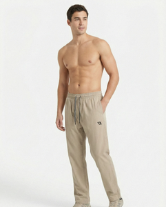 Pantalon de jogging décontracté pour homme, beige, taille élastique avec cordon de serrage, poches, respirant, mi-lourd, tricoté, coupe ajustée, pour l'automne - Product Image 2