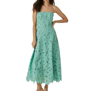 卸売高品質レディースファッションカジュアルスパンコールネックストラップフローラルレースミディロマンス女性ドレス