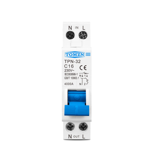 New and Original TOMZN TPN-32 Miniature Circuit Breaker, 1P+N, 6A - 10A, 230V/400A MCB