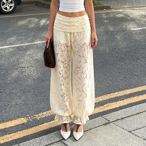 Elegant Breathable Lace Cutout Solid Color Knit Trousers Low Waist Summer <b>Ankle</b> Elastic Cuff for Women - Product Image 1