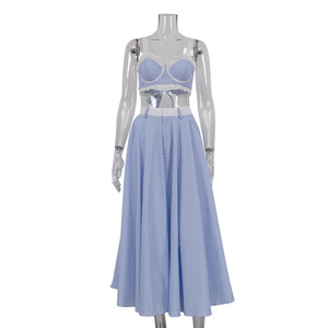 Conjunto de 2 piezas de moda para mujer: Nueva camiseta halter con encaje y falda de cintura alta con gran vuelo - Product Image 5