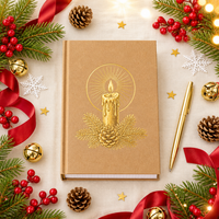 Carnet A5 personnalisé de Noël à couverture rigide en papier kraft, avec motif emblème et grille pour bougies, estampage à chaud doré, 80 feuilles, reliure cousue, marqueur à ruban