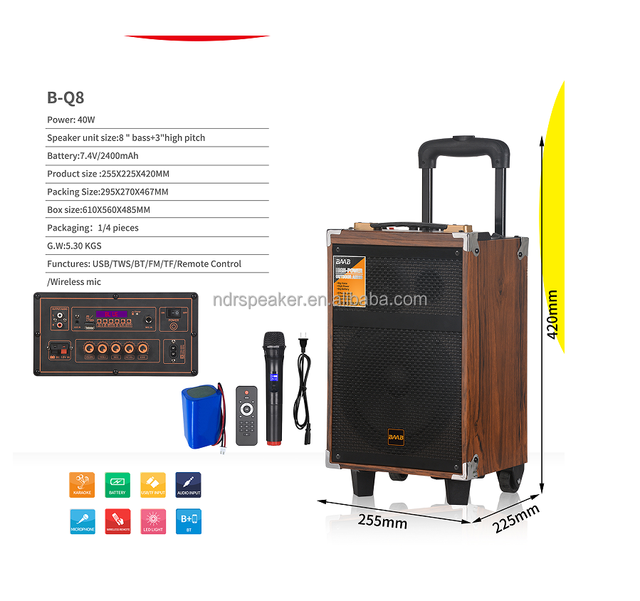Stock Cheap Price Rechargeable Wooden Trolley Portable Speaker 8inch Bass Battery Woofer Speaker B-Q8