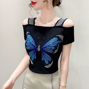 Top Brillante con Pedrería, Top de Malla con Mariposas Azules, <span class=keywords><strong>Camiseta</strong></span> de Manga Corta para Discoteca, <span class=keywords><strong>Camiseta</strong></span> de Fiesta - Product Image 4