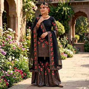 Conjunto Sharara de Seda con Bordado Floral Negro, Estilo Indio-Pakistaní, para Mujer, Ideal para Fiestas, Bodas y Festivales - Product Image 1