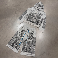 Ensemble court imprimé graphique, sweat à capuche et short, streetwear vintage, tenue deux pièces Y2K |   Personnalisé de haute qualité