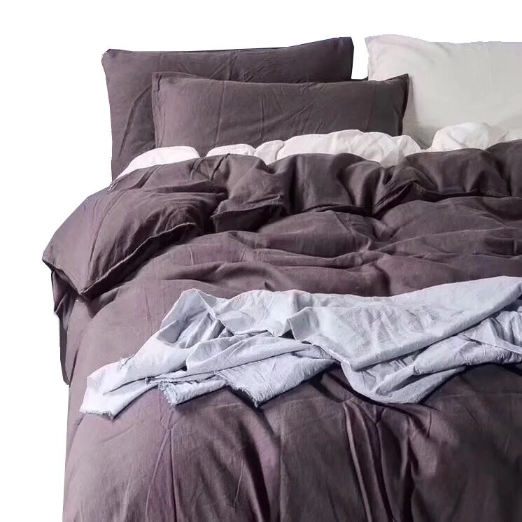 100% Cotton The New Washed Cotton Bedding set Solid Color Berry Purple Color 4pc Duvet Cover Comforter Set Bed Sheet set