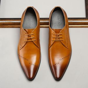 Zapatos de Vestir Formales de Negocios con Punta en Pico, de Cuero, Estilo Otoño, con Cordones, para Hombre, Zapatos de Boda que Aumentan la Estatura - Product Image 1