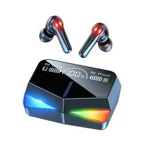 M28 earbud M28 latensi rendah TWS True Wireless, Headphone dengan Mic Bass Audio suara headset tahan air LED TWS M28 earphone bermain game