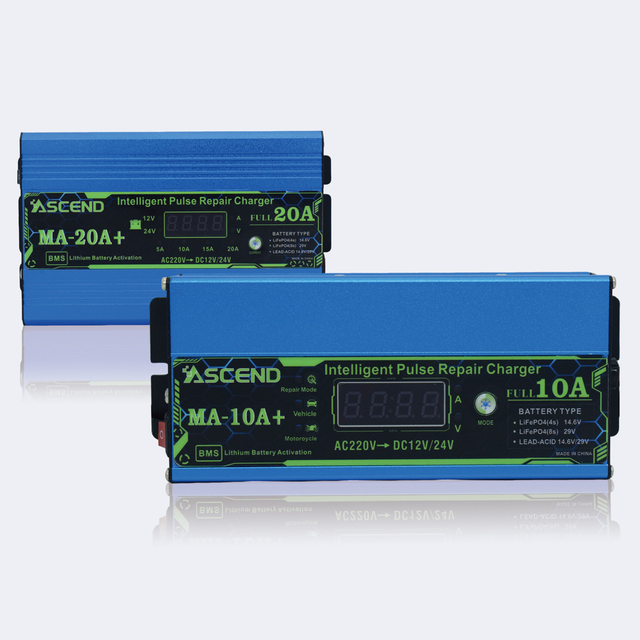 ASCEND MA-A+ Series 12V/24V Smart Pulse Repair Battery Charger 10A/20A for Lead-Acid & LiFePO4 with LCD Display, BMS-Compatible