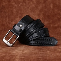 Ceinture en cuir de vachette tressée décontractée avec boucle à ardillon en métal antique pour jeans, ceinture en cuir véritable pour homme, style business décontracté, avec fixation par vis.