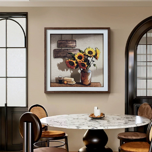 Mesa de comedor de lujo con luz de gama alta, arte de pared 3D hecho a mano, pintura de girasol para hotel, hogar, restaurante, decoración de pared de fondo - Product Image 4