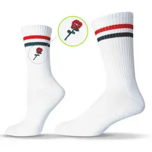 Calcetines de algodón con rayas para hombre y mujer, calcetín deportivo con logotipo personalizado bordado, color blanco