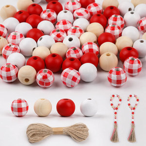 Wood <b>Beads</b> Round Red White Checkered <b>Set</b> For Necklace Making 20mm Craft Decoration - Product Image 1