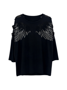 Haut en maille respirant pour <span class=keywords><strong>femme</strong></span>, 305g, coton et élasthanne, manches 3/4, patchwork en maille, strass 3D en forme d'aile, décontracté, personnalisé - Product Image 1