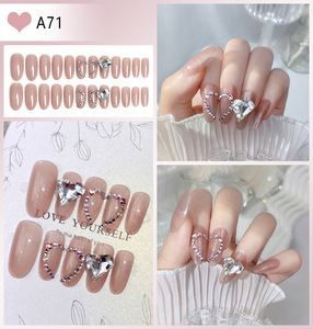 24 faux ongles à presser en acrylique, motif cœur 3D, lune, papillon, strass, nœud rose, perle, style français - Product Image 3
