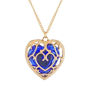 Classical Game jewelry gold plated blue heart pendant necklace crystal hollow big heart necklaces