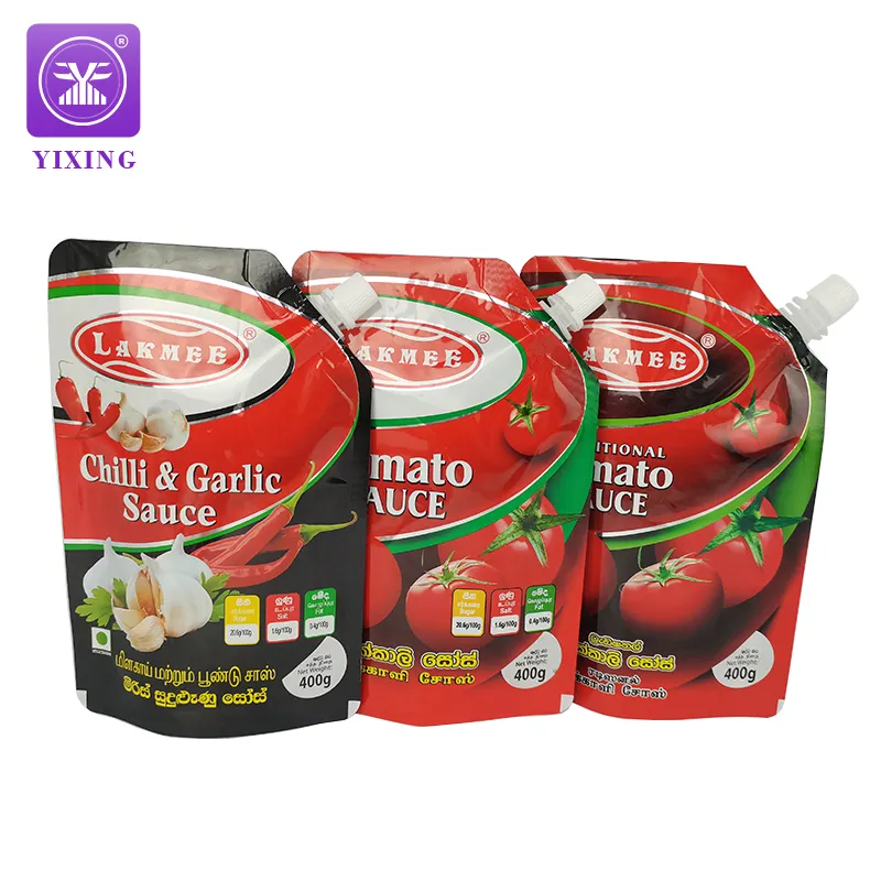 Hotsale kustom 500ml kantong saus bawang putih dan cabai bawah datar minuman minuman lembut kedap udara jus anggur spout tas