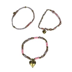 Fashion Beaded <b>Bracelets</b> <b>Set</b> Pink Gray Gold Tone Heart Charm 316L Stainless Steel PVD Plated Sustainable Resistant Jewelry - Product Image 1