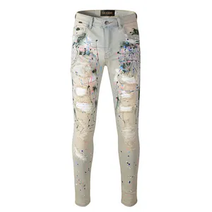 Ds309 Vintage per Paint Splash Denim Jeans Set Tee Shirt Jeans per uomo elegante