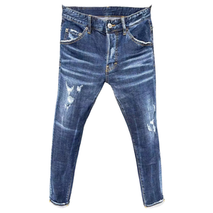 Jean en denim délavé vintage pour homme, coupe slim, taille mi-haute, style streetwear décontracté - Product Image 1